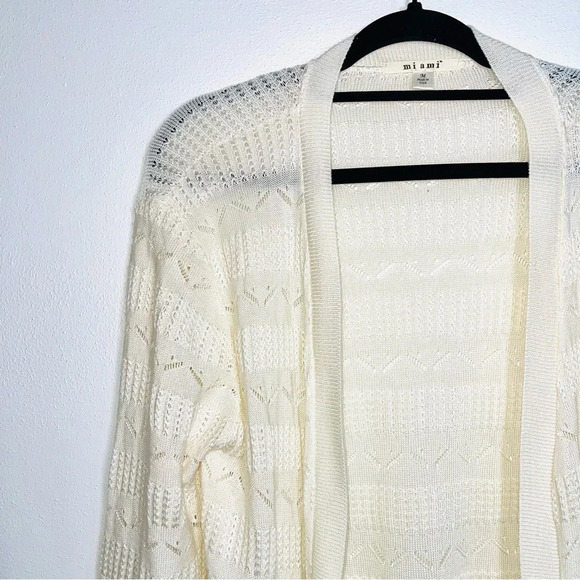 Francesca’s Miami Cream Open Front Pointelle Knit Duster Cardigan Medium Women’s - Picture 3 of 11